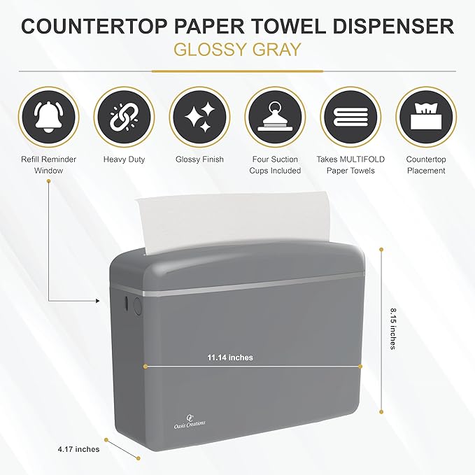 Countertop Multifold Hand Paper Towel Dispenser by Oasis Creations, Single Sheet Dispensing – Glossy Gray