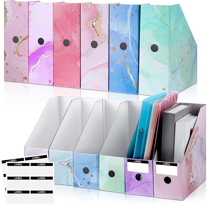 PerKoop 12 Pcs Magazine File Holder Foldable Decorative Cardboard File Folders 6 Patterns Floral Colored Magazine Rack with Printable Sticker Labels for School Office Home Desk (Marble)