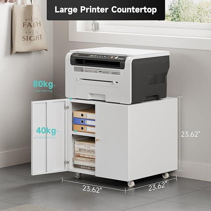 Warmiehomy Metal Printer Stand with Storage Mobile Printer Tables for Small Spaces with Door Adjustable Shelf File Cabinet on Wheels for Home Office (White)