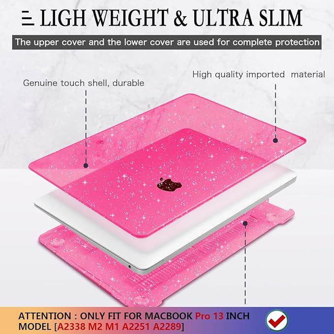 CISSOOK Compatible with MacBook Pro 13 inch Case M2 M1 2025-2016 Release A2338 A2251 A2289 A2159 A1706 Model with Touch Bar, Sparkly Plastic Hard Shell &Keyboard Cover, Rose Pink Glitter