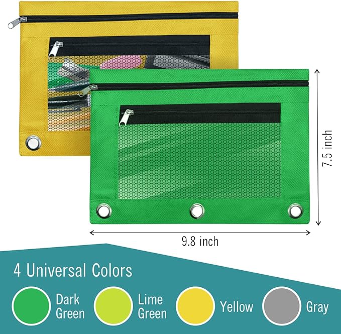 EXTRIC 3 Ring Binder Pencil Pouch with Clear Window, 12 Pack Pencil bags, 4 Color set, Durable Zippered Pouch with 2 Pockets for School Supplies