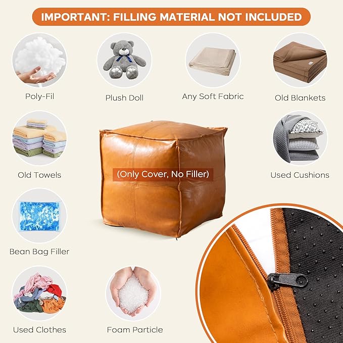 Pouf Ottoman Cover, 17.7" Square Unstuffed Pouf Cover, Faux PU Leather Moroccan Poofy Ottoman Footstool, Brown No Filler Footrest, Floor Chair Gifts Foot Rest for Living Room, (Only Cover)