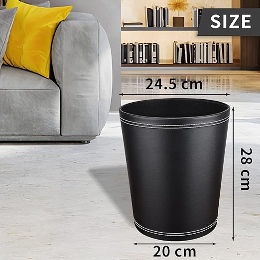 Pu Leather Trash Can, 2.6 Gallon Black Bathroom Trash Can, Small Office Garbage Can Wastebasket for Bedroom, Kitchen, Round Trash Bin Decorative Under-Sink/Desk/Home Easy to Clean