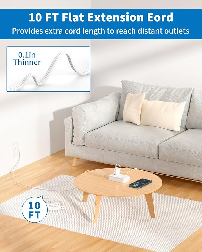 10 ft Flat Extension Cord, Flat Plug Surge Protector Power Strip with 6 Outlets 4 USB Ports, Wall Mounted Outlet Extender, Overload Protection for Indoor, Home, Office Supplies, Dorm Room Essentials