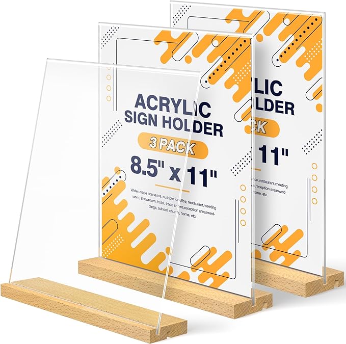 8.5 x 11 Acrylic Sign Holder with Wood Base - Tabletop Display Menu Stand - Clear Plastic L/T Shape Vertical or Slant Back Paper Holders - 3 Pack