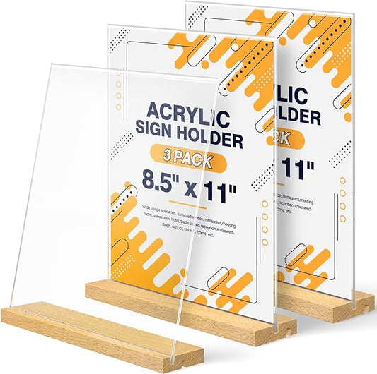 8.5 x 11 Acrylic Sign Holder with Wood Base - Tabletop Display Menu Stand - Clear Plastic L/T Shape Vertical or Slant Back Paper Holders - 3 Pack