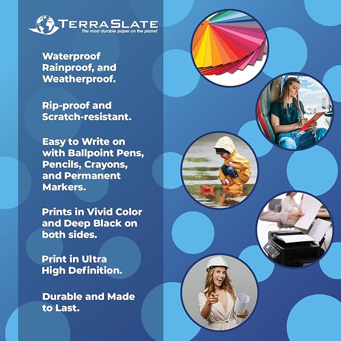 TerraSlate Premium Waterproof Paper, 5 MIL 8.5” x 11”, Laser Printer & Copy Machine Compatible, Durable & Rain/Weather-Proof Copy Paper, White Paper (25 Sheets)