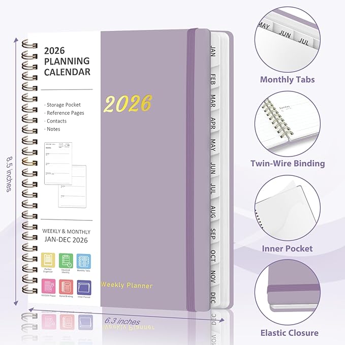 2026 Planner, Weekly and Monthly Calendar Planning Agenda, Jan 2026 - Dec 2026, Academic Planner Book, Desk Accessories and Office Supplies for women & men - A5 (6.3'' x 8.5'')