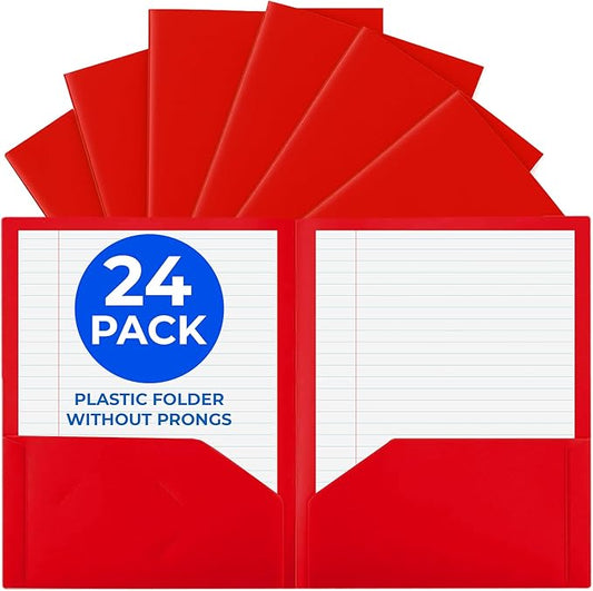 24 Pack Red Plastic Folders with Pockets Heavy Duty. 2 Pocket Folder no Prongs Bulk. Tear-Resistant Letter Size 8.5x11. Presentation Ready School and Office Supplies