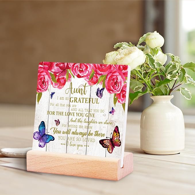 Appreciation Gift for Best Aunt,Aunt Pink Gifts from Niece,You Are So Loved Ceramic Plaque Sign Home Office Desk Shelf Decor for Auntie