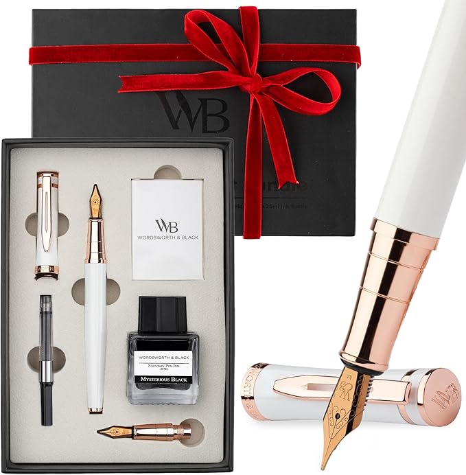 Wordsworth & Black Fountain Pen Set,18K Gilded Medium & Extra Fine Nib,25ML Black Ink Bottle,6 Ink Cartridges,Refill Converter,Gift Box,Smooth Writing Pen [White Rose Gold],Gift Set for Men and Women
