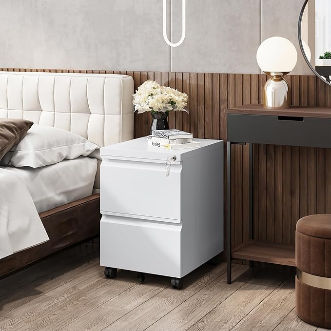 2 Drawers Vertical File Cabinet - Fully Assembled White Under Desk Mobile Filling Cabinet Small Lockable Home Office File Cabinets for A4/Letter/Legal Size
