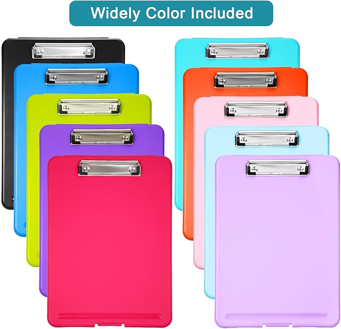 10 Pieces Clipboard with Storage Plastic Storage Clipboard Nursing Clip Board Foldable Clip Board with Low Profile Clip for Home Office School, Size 9.5 x 13.5 Inch(Bright Color)