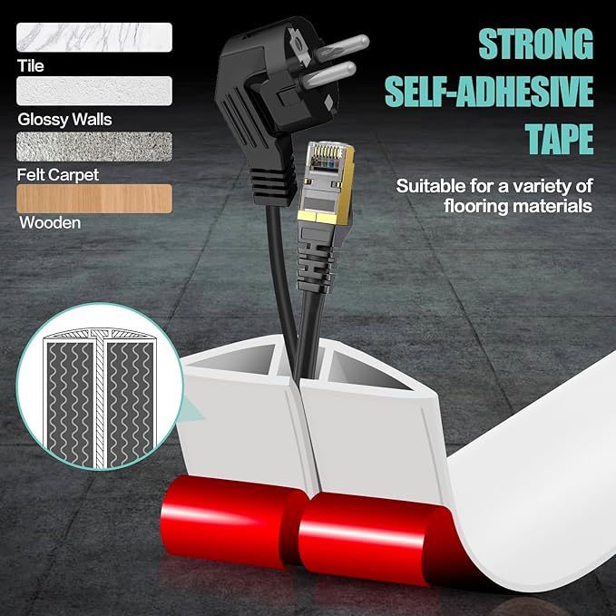 Floor Cord Cover Cavity 0.8"x0.37" Self Adhesive Cord Hider, 10FT Low Profile Cable Management, Extension Strip Protector for Wires, Prevent Cable Trips for Offices, Gyms, Exhibitions（White）