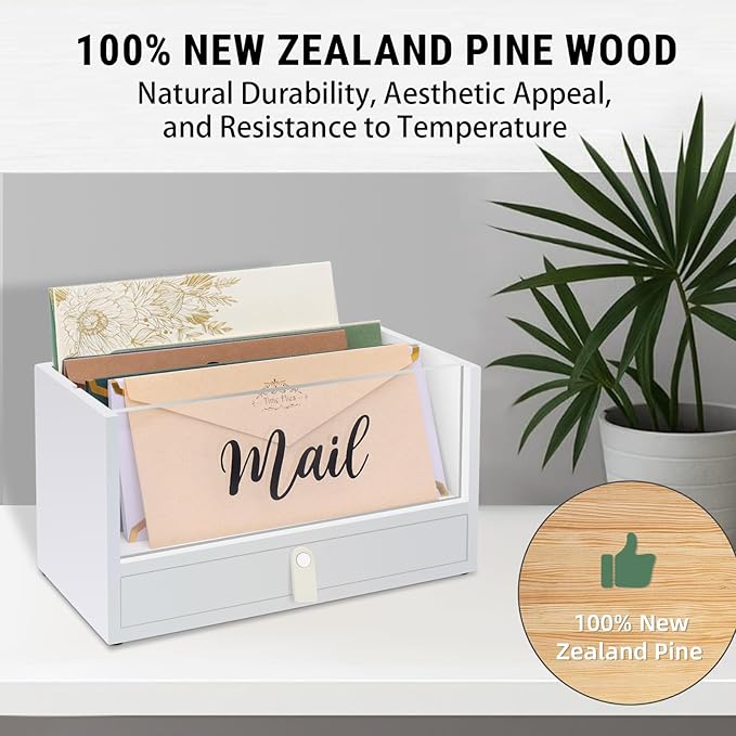 Two-Layer Solid Wooden Mail Storage Organizer Holder with Clear Acrylic Top and Bottom Drawer, Leather Handle, Keeping Mail, Bills, Letters, Cards and Office Supplies in One Place, Home Decor Gifts