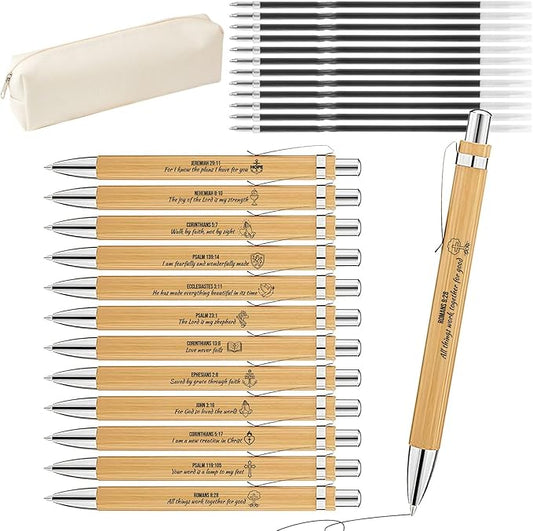 Bible Verse Pens 25 Pcs with 12 Christian Pens & 12 Refills & 1 White Pen Pouch Bamboo Retractable Ballpoint Pens Inspirational Quote Pen Religious Gifts for Men Women