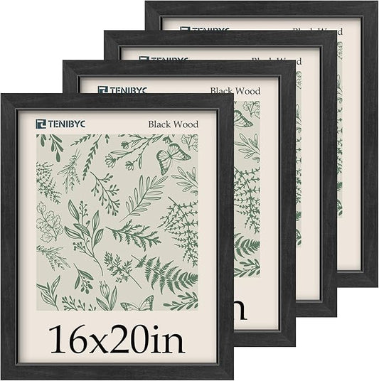 16x20 Picture Frame 4 Pack - Black Solid Wood Poster Photo Frame - Tempered Glass - Woodgrain Series - Room, Office, Gallery, Studio Display - Wall Hanging