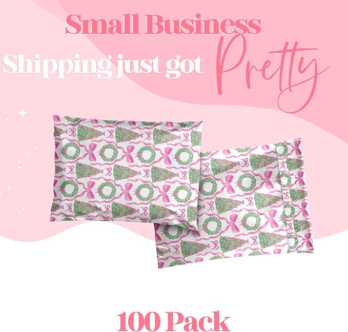 10x13 Designer Poly Mailer 100 Pack Heavy Duty Waterproof Self Seal Shipping Bags for Small Business Large Mailing Envelopes Bulk Tear Resistant Packaging Coquette Christmas Holiday Bows