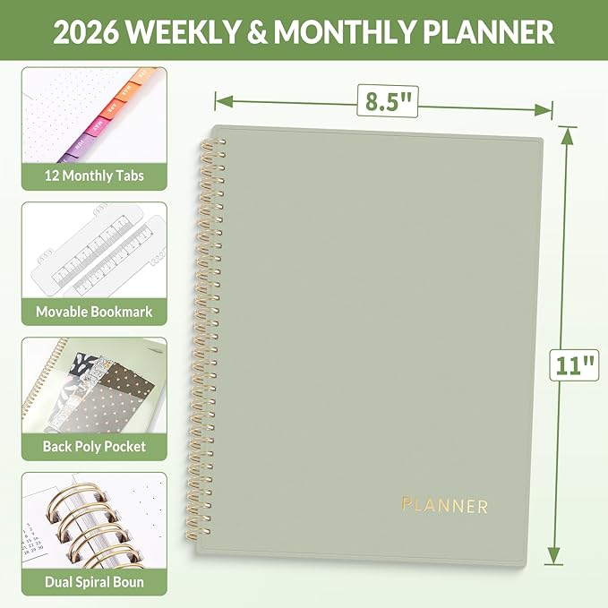 SUNEE 2026 Weekly and Monthly Planner - January 2026-December 2026, 8.5"x11" Half Weekly Half Note, Daily Agenda Planner with PVC Waterproof Cover, Monthly Tab, Note, Pockets, Bookmark, Green