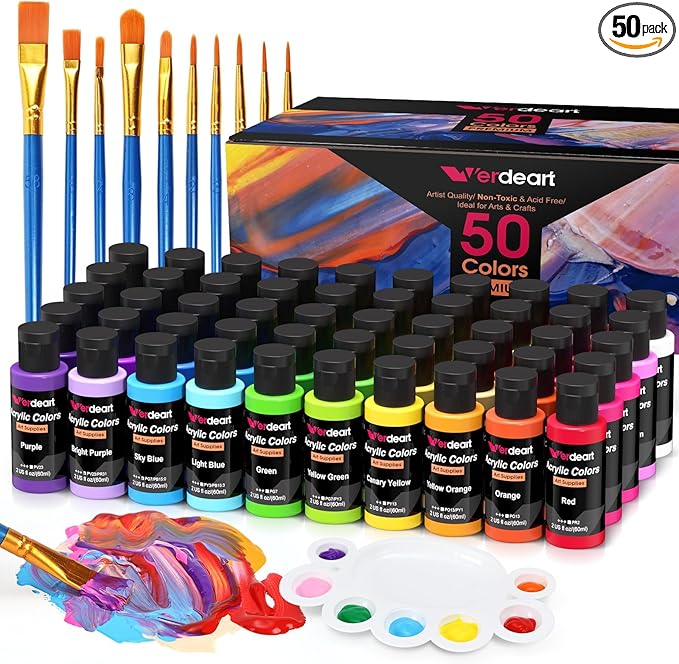 Acrylic Paint Set - 50 Colors 2 oz/59 ml Acrylic Paints for Professional Artists with 10 Brushes , Art Supplies for Painting Canvas Rock Wood Ceramic Glass Art Craft Painting, Rich Pigments Lasting Quality for Beginners, Students & Professional Artist