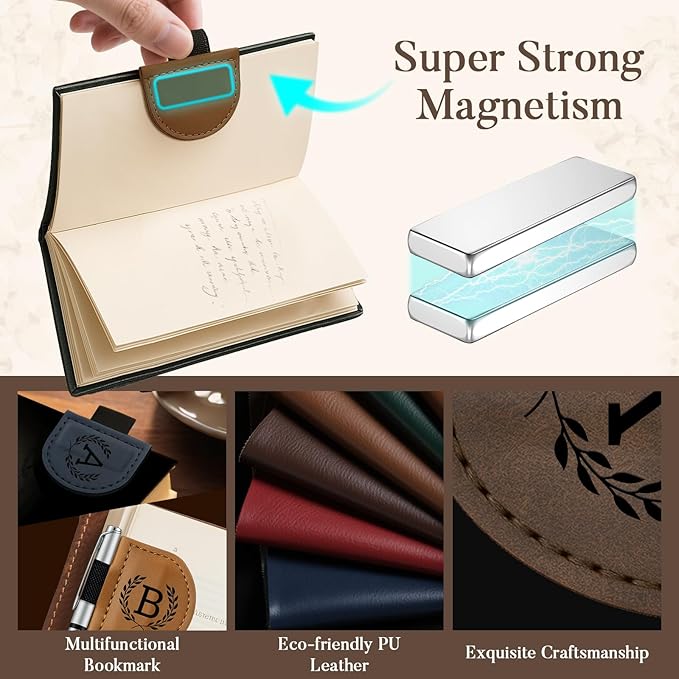 Personalized Bygone Mark Bookmark with Pen Holder,Engraving Leather Magnetic Bookmarks Vintage 26 Letters Name Initials Text Book Marker Clips Gifts for Reading Book Lovers Women (Green, M)