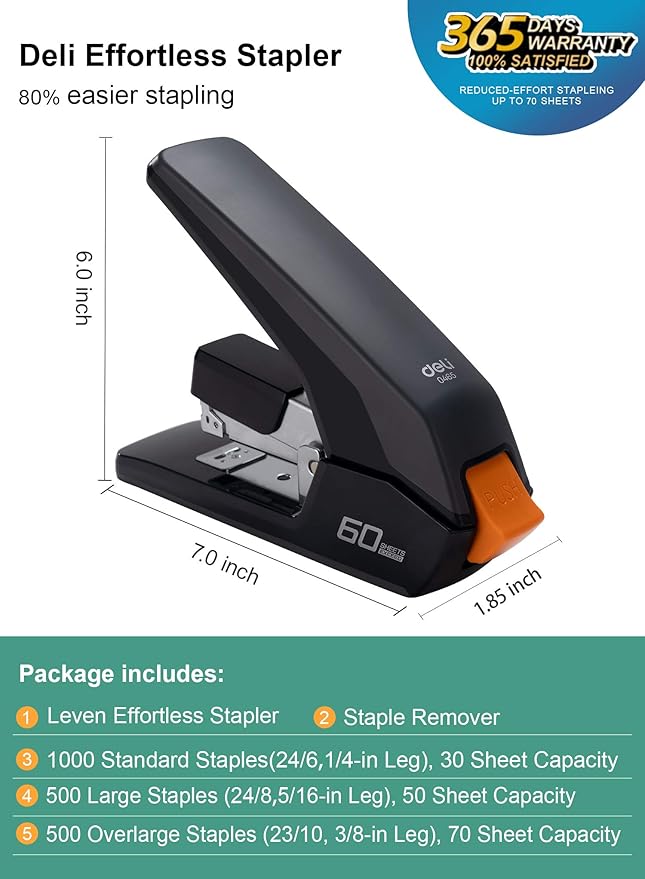 Deli Effortless Heavy Duty Stapler, One Touch Stapling, Easy to Load Ergonomic Stapler, 60 Sheet Capacity, Includes 2000 Staples and Staple Remover for Desktop