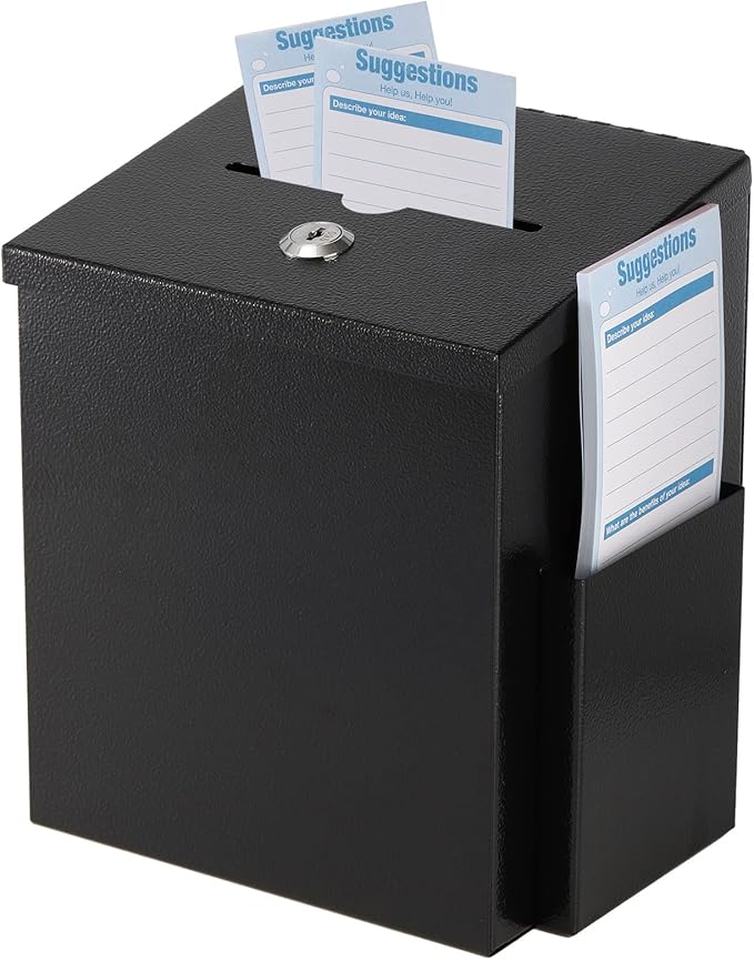 TOPZEA Suggestion Box with Slot and Lock, Wall Mounted Ballot & Donation Box, Metal Comment Collection Box Key Drop Box with 50 Free Suggestion Cards for Office, Hotel, Church, Black, 9"x 7.4"x 6"