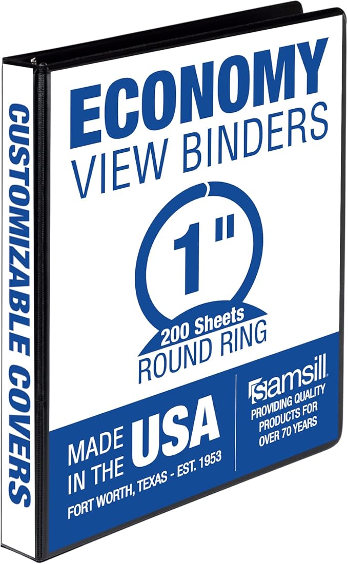 Samsill 1 Inch 3 Ring Binder, Made in USA, Economy Round Ring, Clear View Cover, 200 Sheet Capacity - for School, Home, Office - Charcoal Black