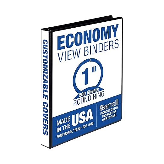 Samsill 1 Inch 3 Ring Binder, Made in USA, Economy Round Ring, Clear View Cover, 200 Sheet Capacity - for School, Home, Office - Black