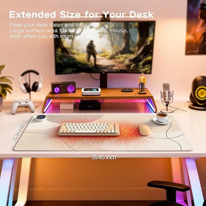 iCasso Heated Mouse Pad Hand Warmer, XL Heated Desk Pad, Electric Warm Desk Mat with 4 Heating Levels for Computer Keyboard, 31.5" x 13" Large Mousepad for Home Office Work (Brown Art)