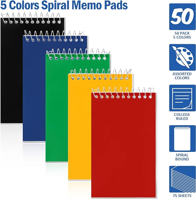 100 Pieces Spiral Memo Pads Bulk 3 x 5 Inch Small Note Pads Top Bound Lined College Ruled Paper Mini Notepad Pocket Spiral Notebooks for School Office Home Supplies, 75 Sheets (Bright Colors)