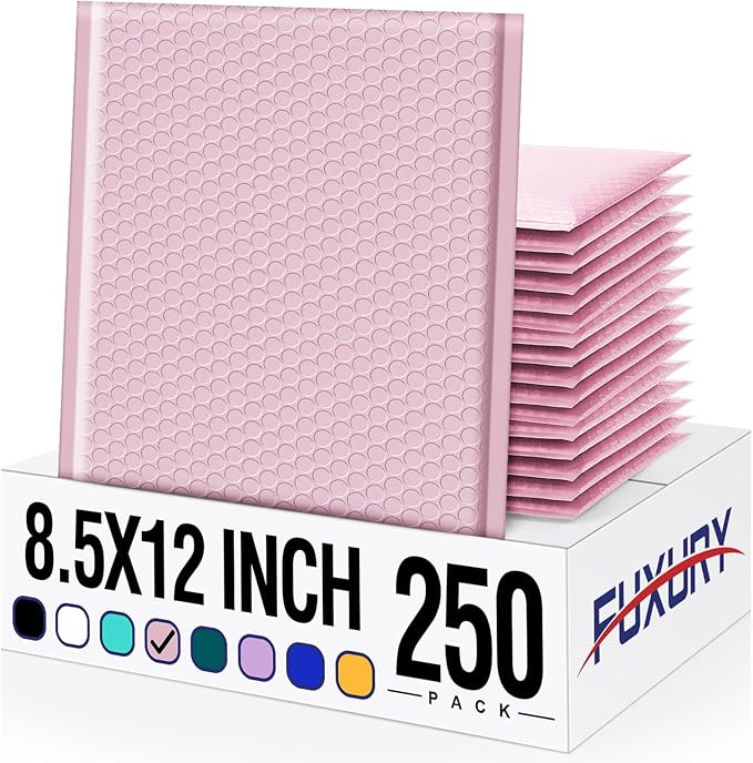 Fuxury Bubble Mailer 8.5x12 250 Pack,Light Pink#2 Poly Bubble Mailers,Self Seal Padded Envelopes,Waterproof Bubble Mailing Envelopes,Cushioning Packaging Bags for Books,Clothes, Makeup Supplies