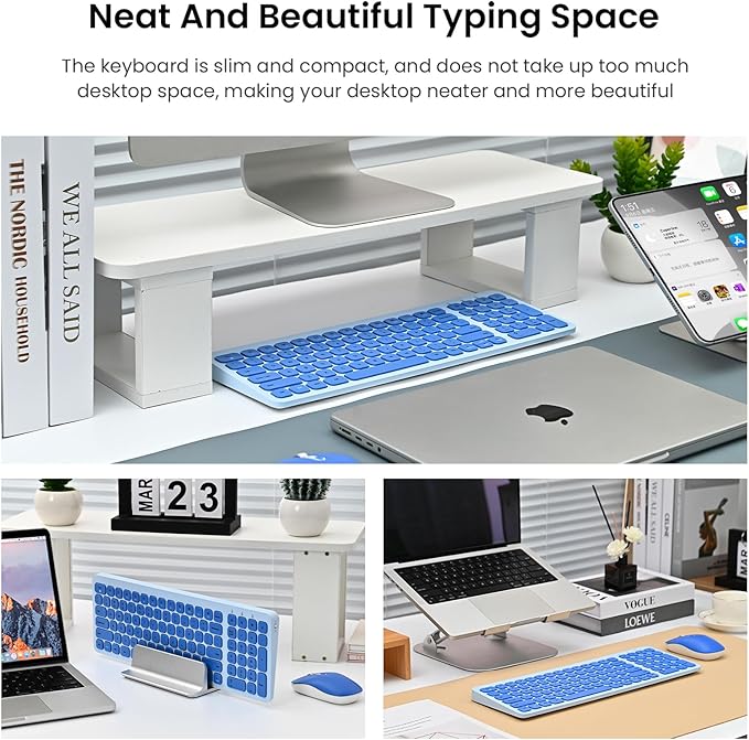 cimetech Wireless Keyboard Mouse Combo, Compact Full Size Wireless Keyboard and Mouse Set Less Noise Keys 2.4G Ultra-Thin Sleek Design for Windows, Computer, PC, Notebook, Laptop - Blue