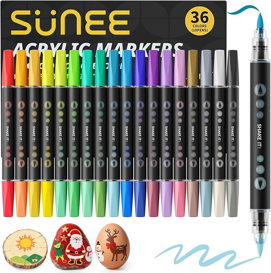 SUNEE 36 Colors Acrylic Paint Markers, 18 Pack Brush Tip Paint Pens with Automatic Ink Control System, Coloring Markers for Metal, Rock, Ceramic, Wood, Canvas, Glass, DIY Crafts Art Supplies Kit