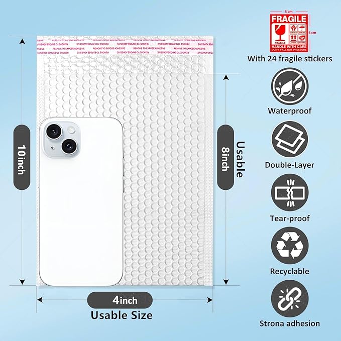 Bubble Mailers 4x10" 100 Pack and 24PCS Fragile Stickers White Thick Waterproof Padded Poly Envelopes Small Bubble Wrap Mailers Self Seal Shipping Bag for Mailing Jewelry Makeup Small Business#0