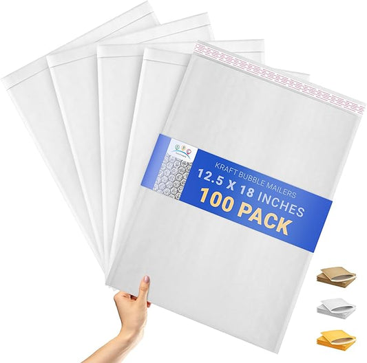 ABC PACK & SUPPLY White Kraft Bubble Mailer Envelopes, 12.5 x 18 Inches. 100 Pack Mail Padded Envelopes Self Seal. Kraft Bubble Mailers. Tear-Resistant Mailing Envelope Padded. Sturdy Paper Mailer