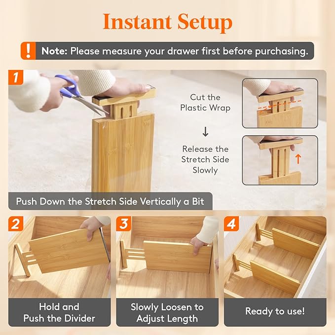 Lifewit 8 Pack Drawer Dividers Bamboo 6" High, 11-17" Adjustable Drawer Organizers for Clothes, Expandable Dresser Separators in Bedroom/Bathroom/Kitchen/Fridge/Office Organization and Storage