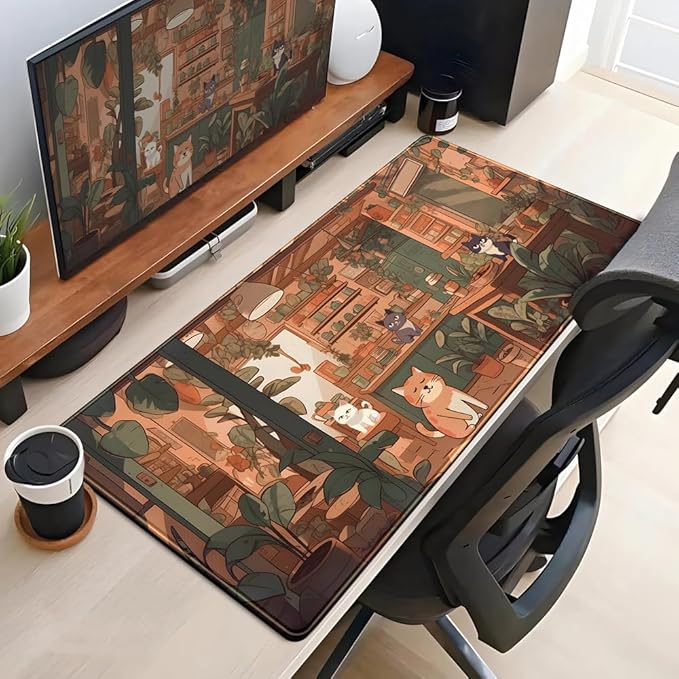 Rown Cute Cat & Puppy Mouse Pad - Green, Bonsai Aesthetic, XXL 31.5x15.7 in Desktop & Laptop Keyboard Pad for Office & Home