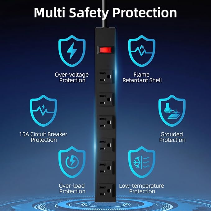 6 Outlet Power Strip with Wide Spaced and 10FT Power Cord,Wall Mount Metal Industrial Power Strip Heavy Duty for Commercial,Garage,School and Home,15A 125V 1875W,Black(10FT)