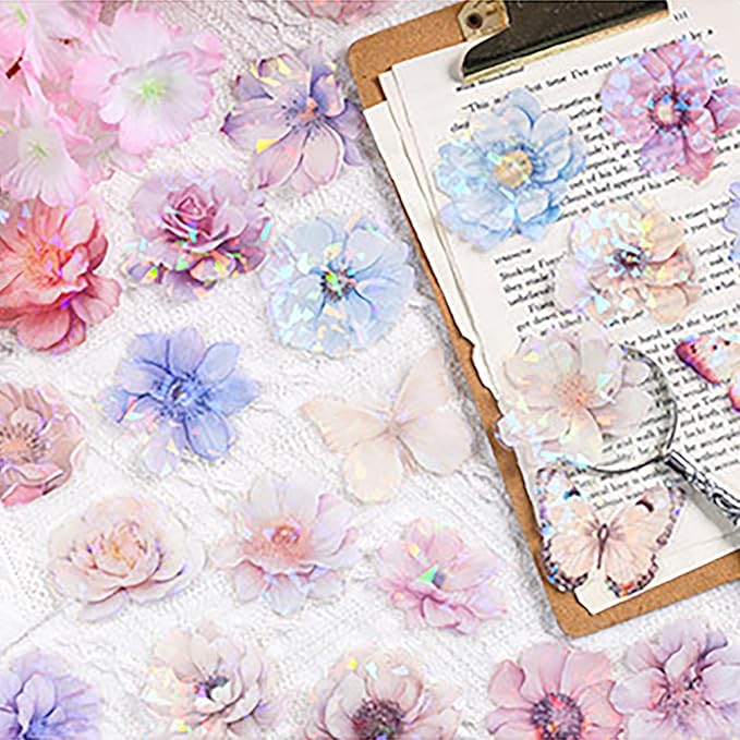 Doraking 60 Pieces Glitter Shiny Flower Stickers for Journaling, Waterproof Decorative Decal for Scrapbooking Supplies Journal Planners Art Crafts Photo Album Decor (Colorful)