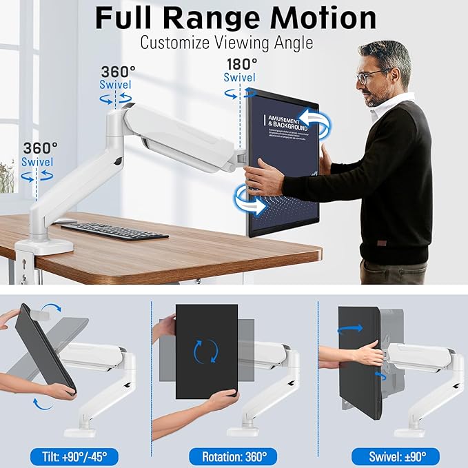 MOUNTUP Single Monitor Desk Mount, Adjustable Gas Spring Monitor Arm Support Max 32 Inch Screen, Computer Monitors Stand with Clamp/Grommet Mounting Base, VESA Mounts Fit 4.4-17.6lbs Computer, White