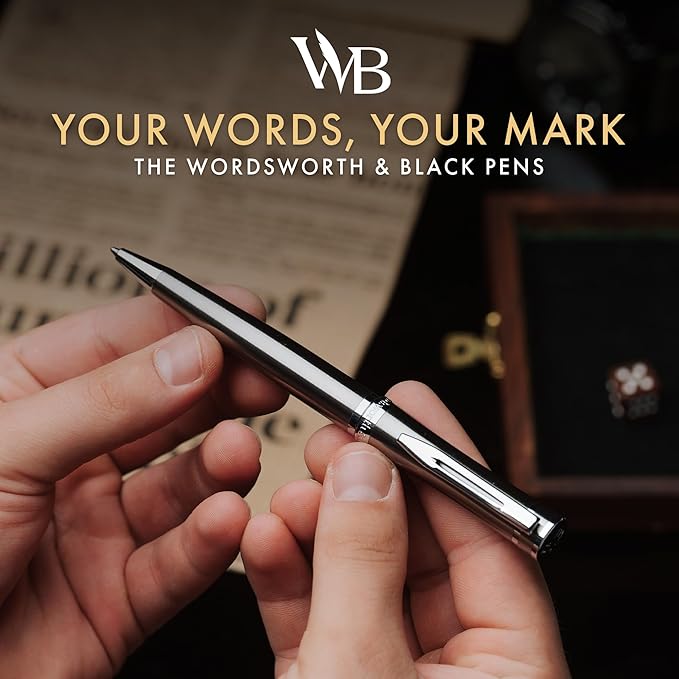 Wordsworth and Black Ballpoint Pen Silver Lacquer- Stunning Luxury Pen Chrome Finish, Ink Refill, Best Gift Set for Men & Women, Refillable, Elegant, Nice Pens, Fine Point