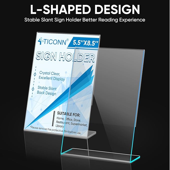 TICONN 5.5 x 8.5 Acrylic Sign Holder, L Shape Clear Sign Stand for Displaying, Plastic Paper Holder for Office, Store, Restaurant (Vertical 12 Pack)