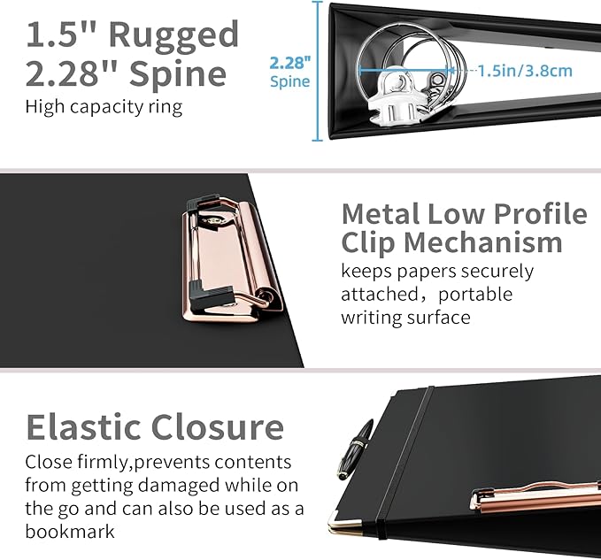 Ospelelf 3 Ring Binder, 1.5 Inch, Cute Letter Size (11" x 8.5") with 5 Tab Dividers, File Folder Labels and Low Profile Clipboards, Black Binder for School and Office Supplies