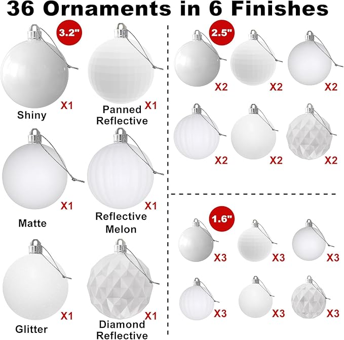 White Christmas Ornaments - Christmas Tree Decorations Shatterproof Hanging Balls for Birthday Wedding Holiday Decor Set of 36pcs, Multi-Sizes(1.6",2.5",3.2")