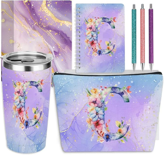 Personalized Gifts Monogrammed Birthday Gifts for Women, Cowerker Wife Sister Wedding Christmas Initial 20 oz Tumbler, Makeup Bag Cup Ballpoint Pens Journal Notebook 6 Set, (Aesthetic Purple Flower C)
