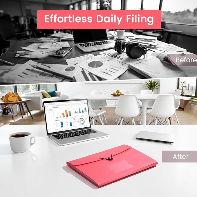 6 Pack Accordion File Organizer with Labels, 13 Pocket Expanding File Folder for Letter Size A4 Papers, Ideal for Home, Office Supplies, College Essentials