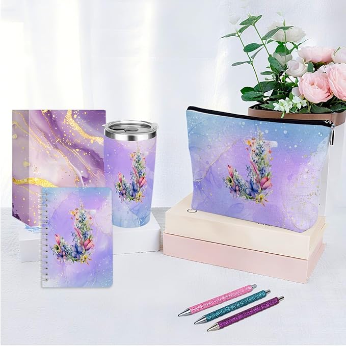 Personalized Gifts Monogrammed Birthday Gifts for Women, Maid of Honor Bachelorette Wedding Christmas Initial 20 oz Tumbler, Makeup Bag Cup Pens Journal Notebook 6 Set, (Aesthetic Purple Flower J)
