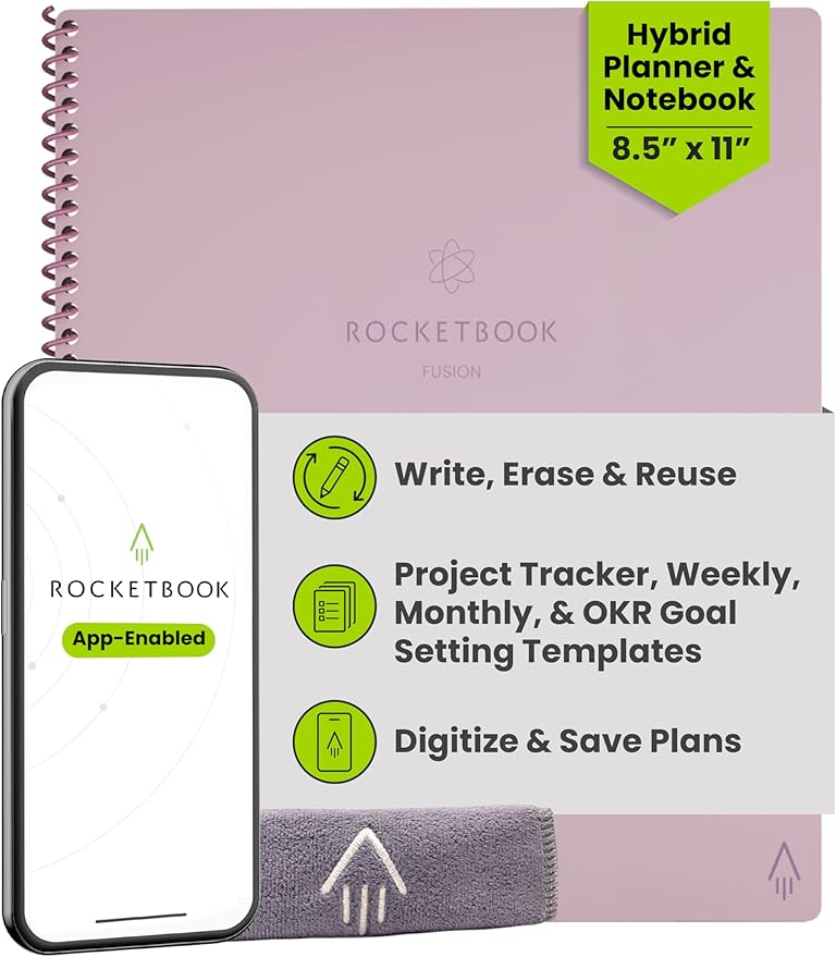Rocketbook Fusion Hybrid Reusable Planner and Notebook in One, Additional Blank Pages, Goal and Project Tracker, Undated Planner, Letter Size 8.5x11, Pink (Pack of 1)