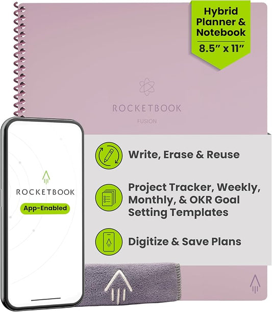 Rocketbook Fusion Hybrid Reusable Planner and Notebook in One, Additional Blank Pages, Goal and Project Tracker, Undated Planner, Letter Size 8.5x11, Pink (Pack of 1)